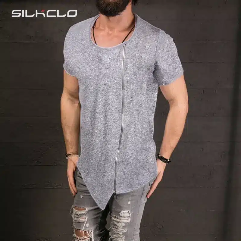 2017 New Men's Fashion Show Stylish Long T shirt Asymmetrical Side Zipper Big Neck Short Sleeve T-shirt Male Hip Hop Tee 15