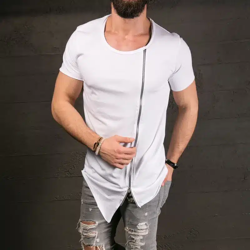 2017 New Men's Fashion Show Stylish Long T shirt Asymmetrical Side Zipper Big Neck Short Sleeve T-shirt Male Hip Hop Tee 17