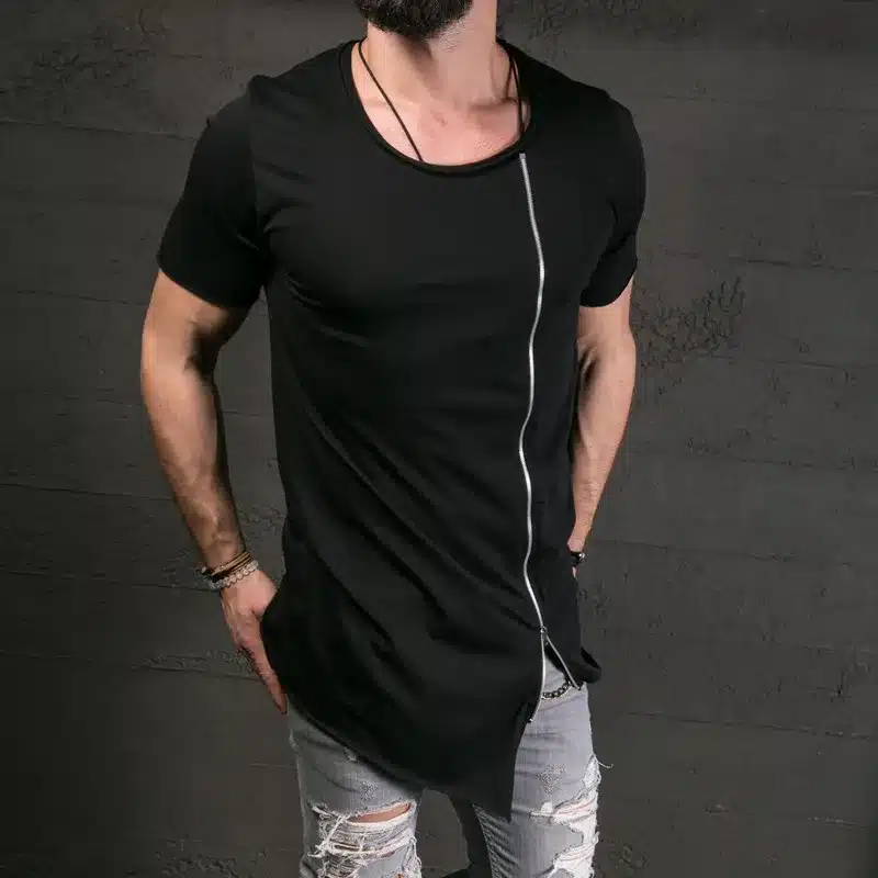 2017 New Men's Fashion Show Stylish Long T shirt Asymmetrical Side Zipper Big Neck Short Sleeve T-shirt Male Hip Hop Tee 20