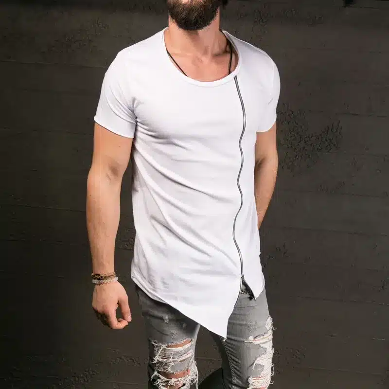 2017 New Men's Fashion Show Stylish Long T shirt Asymmetrical Side Zipper Big Neck Short Sleeve T-shirt Male Hip Hop Tee 22