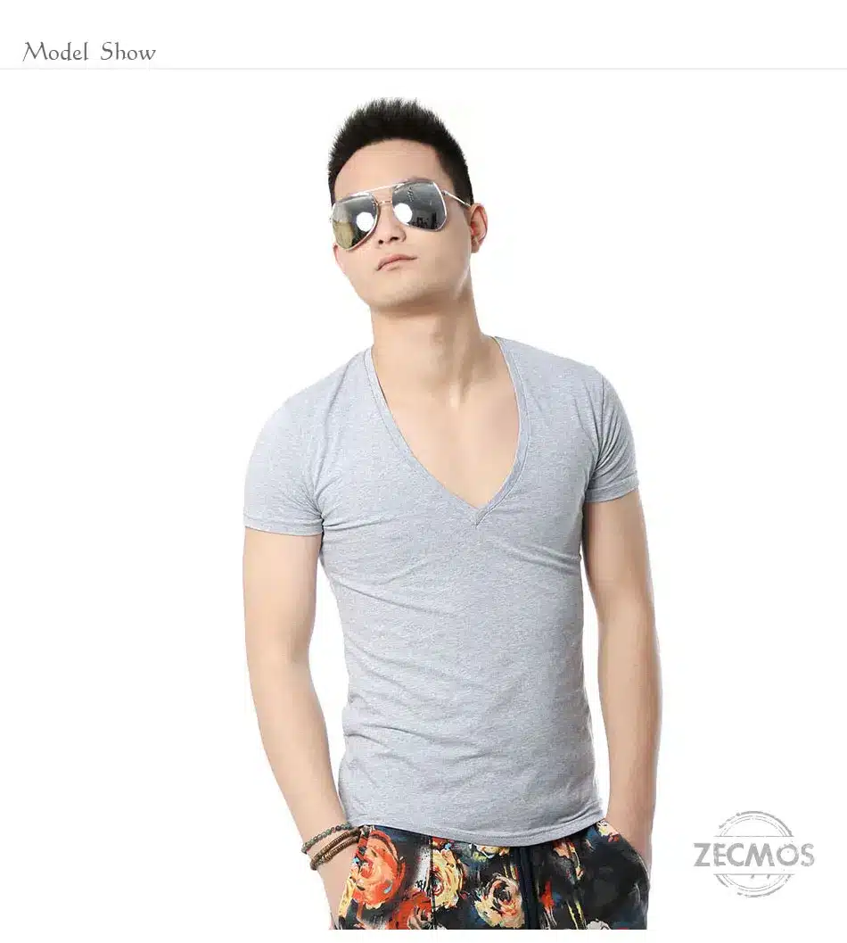 Zecmos Deep V Neck Sexy Men T-Shirt Vintage Short Sleeve Solid Color Muscle Fit T Shirt Men Top Tees Fashion 22