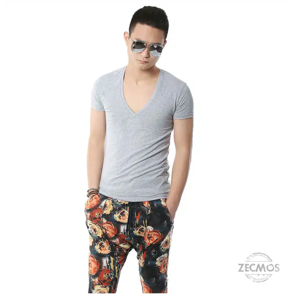 Zecmos Deep V Neck Sexy Men T-Shirt Vintage Short Sleeve Solid Color Muscle Fit T Shirt Men Top Tees Fashion 25