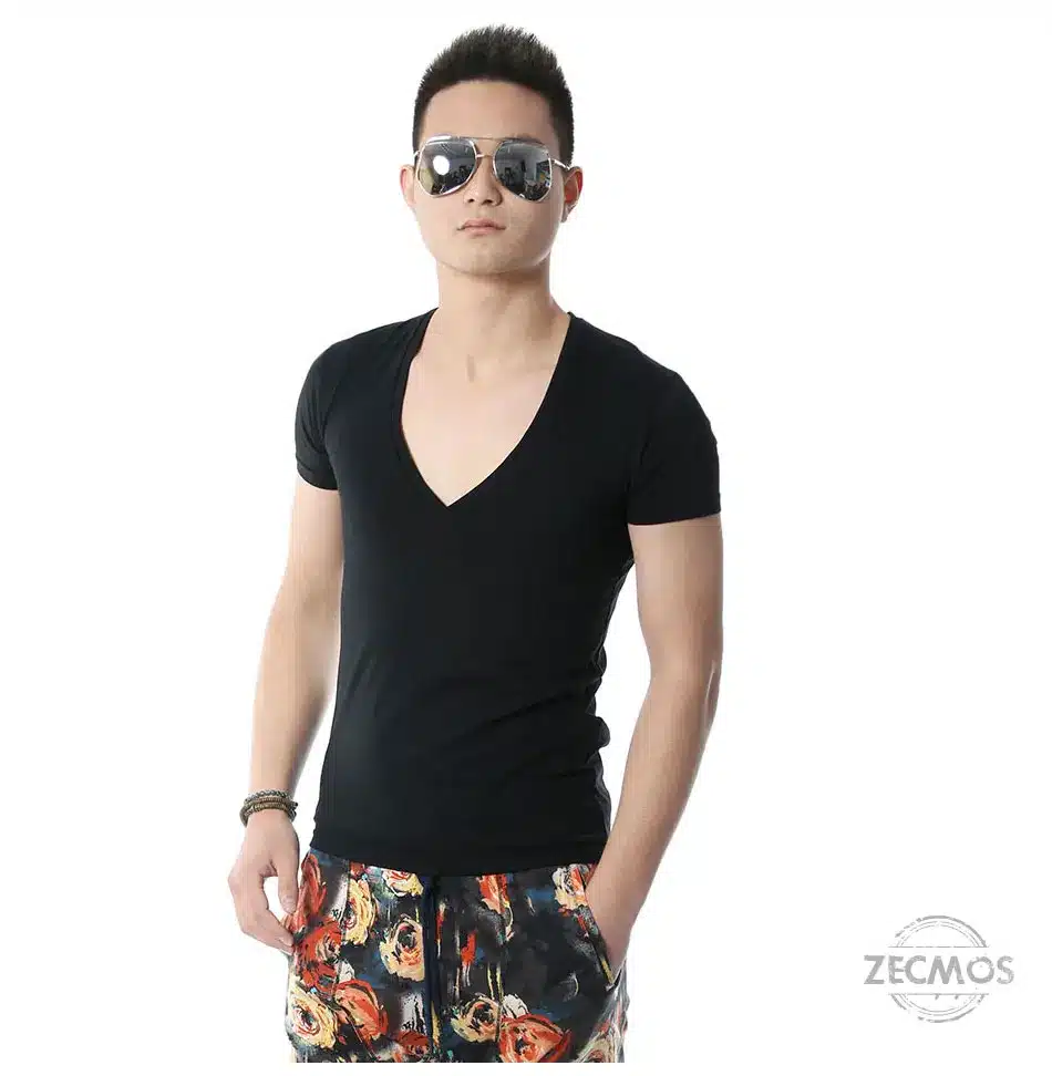 Zecmos Deep V Neck Sexy Men T-Shirt Vintage Short Sleeve Solid Color Muscle Fit T Shirt Men Top Tees Fashion 29