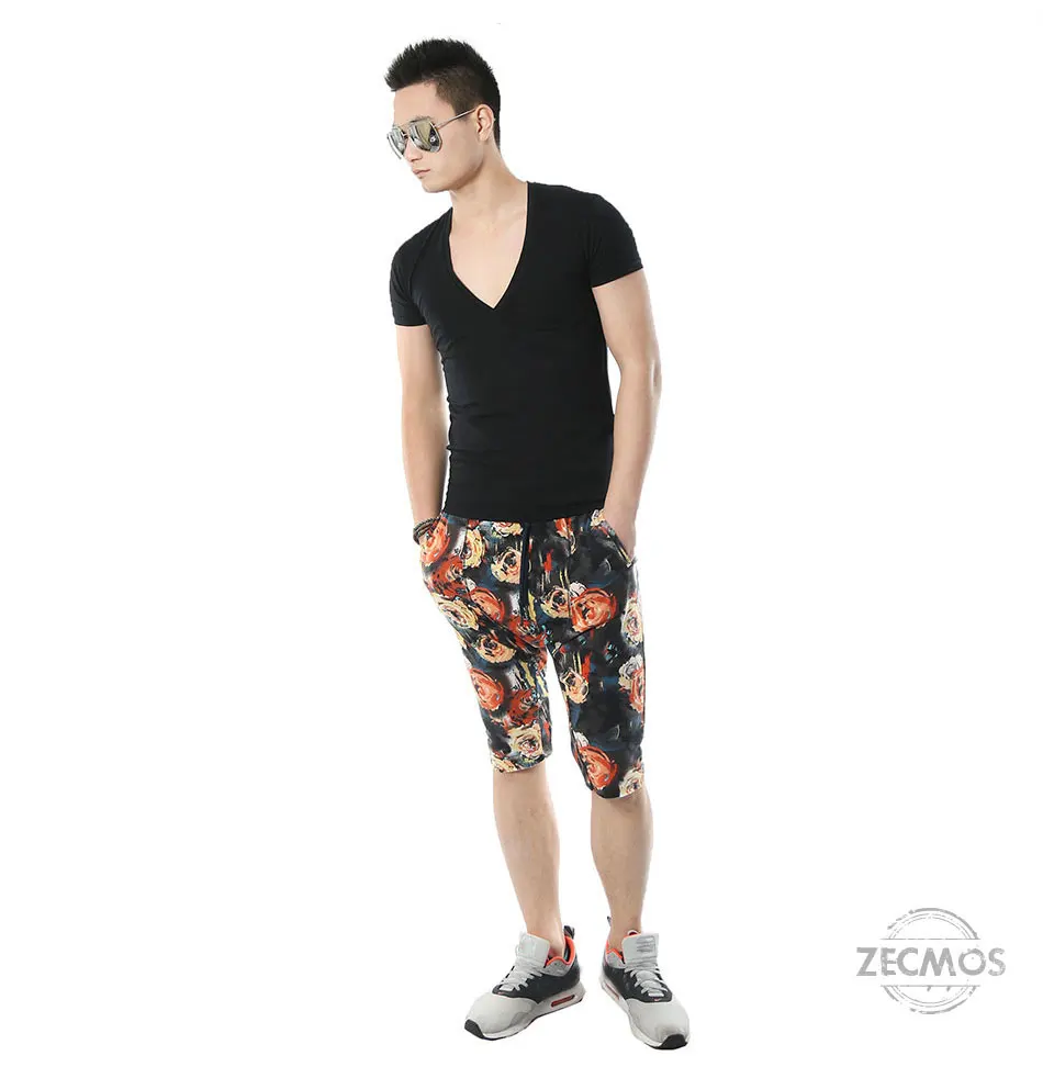 Zecmos Deep V Neck Sexy Men T-Shirt Vintage Short Sleeve Solid Color Muscle Fit T Shirt Men Top Tees Fashion 30