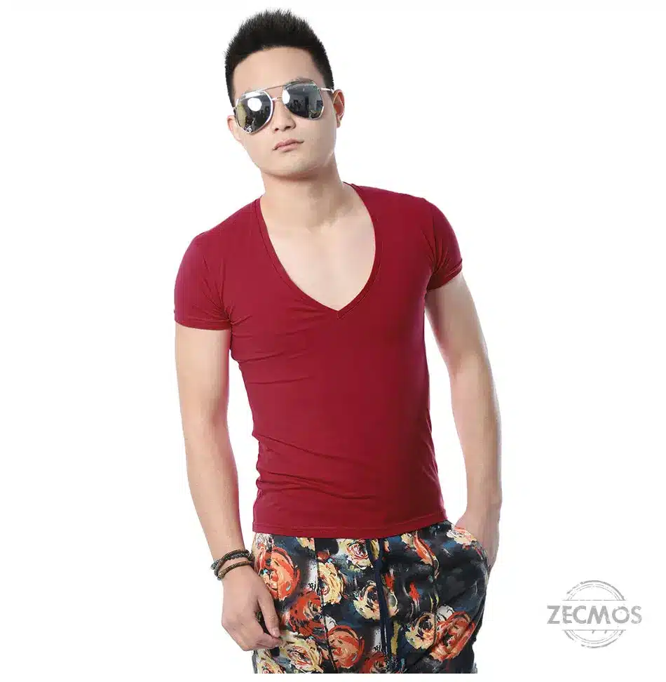 Zecmos Deep V Neck Sexy Men T-Shirt Vintage Short Sleeve Solid Color Muscle Fit T Shirt Men Top Tees Fashion 31