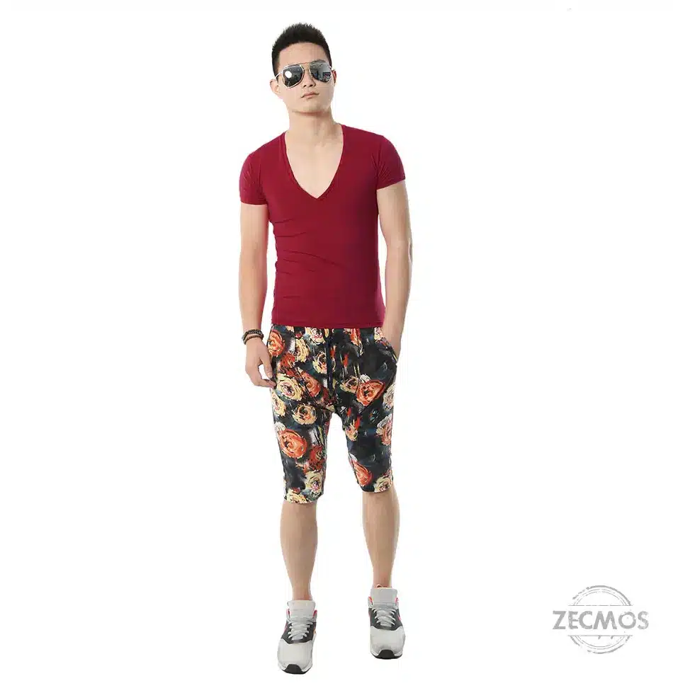 Zecmos Deep V Neck Sexy Men T-Shirt Vintage Short Sleeve Solid Color Muscle Fit T Shirt Men Top Tees Fashion 32