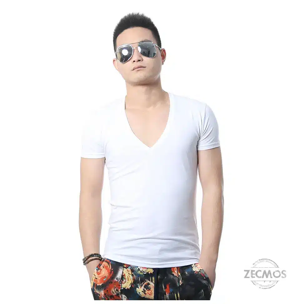 Zecmos Deep V Neck Sexy Men T-Shirt Vintage Short Sleeve Solid Color Muscle Fit T Shirt Men Top Tees Fashion 33