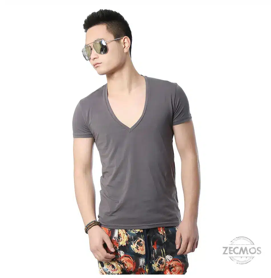 Zecmos Deep V Neck Sexy Men T-Shirt Vintage Short Sleeve Solid Color Muscle Fit T Shirt Men Top Tees Fashion 48
