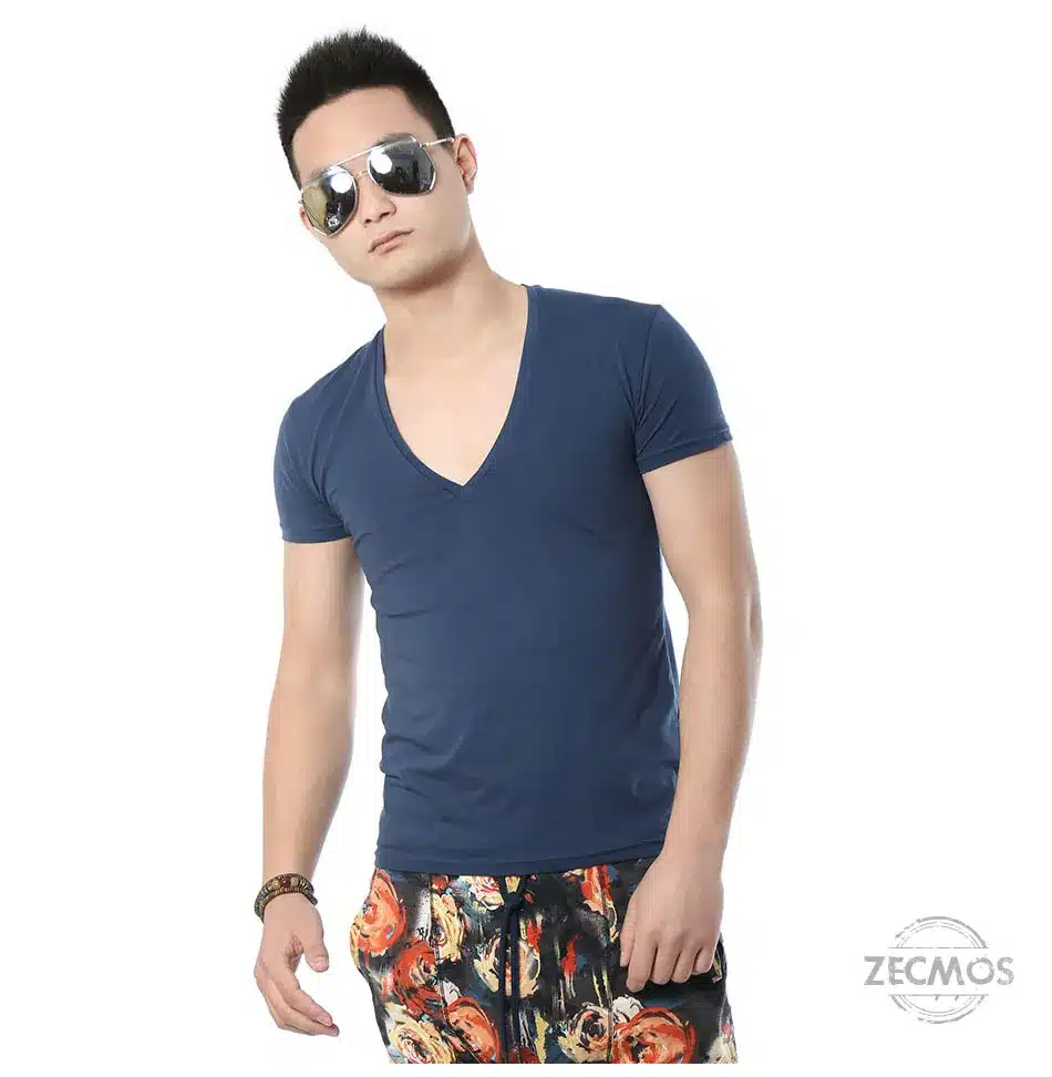 Zecmos Deep V Neck Sexy Men T-Shirt Vintage Short Sleeve Solid Color Muscle Fit T Shirt Men Top Tees Fashion 60