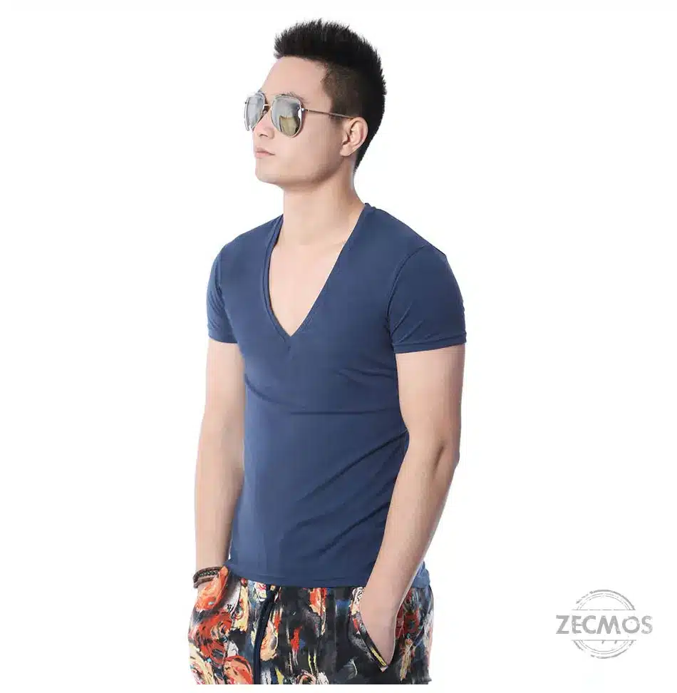 Zecmos Deep V Neck Sexy Men T-Shirt Vintage Short Sleeve Solid Color Muscle Fit T Shirt Men Top Tees Fashion 61