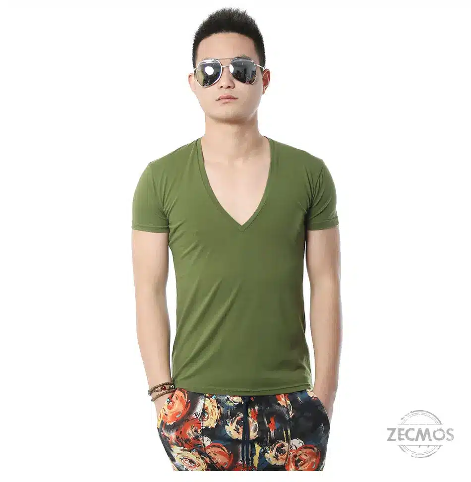 Zecmos Deep V Neck Sexy Men T-Shirt Vintage Short Sleeve Solid Color Muscle Fit T Shirt Men Top Tees Fashion 64