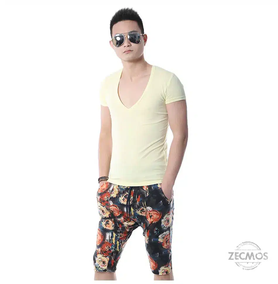 Zecmos Deep V Neck Sexy Men T-Shirt Vintage Short Sleeve Solid Color Muscle Fit T Shirt Men Top Tees Fashion 65