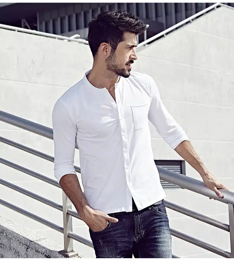 KUEGOU Autumn Mens T Shirts Button Black White Brand Clothing Long Sleeve Man's Cardigan T-Shirts Male Plus Size Tops Tees 765 13