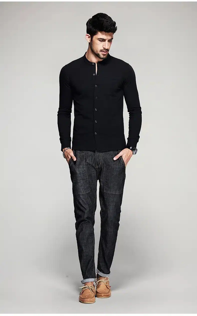 KUEGOU Autumn Mens T Shirts Button Black White Brand Clothing Long Sleeve Man's Cardigan T-Shirts Male Plus Size Tops Tees 765 16