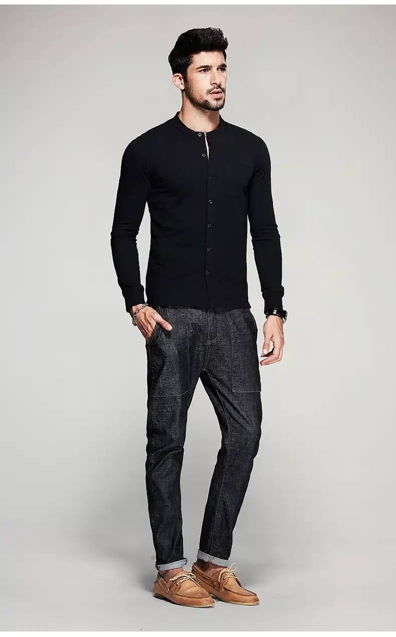 KUEGOU Autumn Mens T Shirts Button Black White Brand Clothing Long Sleeve Man's Cardigan T-Shirts Male Plus Size Tops Tees 765 18