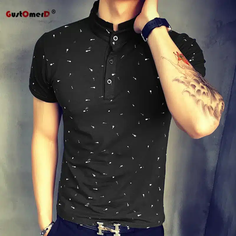2017 Summer Guitar Printed Stand Collar Polo Shirt Men Short Sleeve Casual Men Shirts Slim Fit Polo Homme Cotton Mens Polos 14