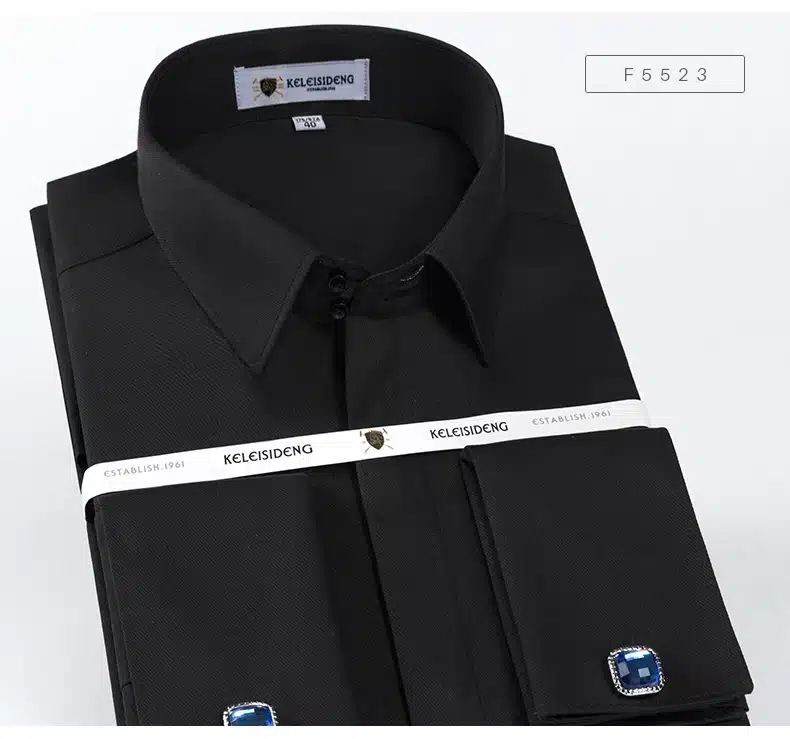 Mens Non Iron Slim Fit French Cuff Dress Shirt Long Sleeve Covered Placket Solid Twill Elegant Tuxedo Shirts(Cufflinks Included) 21