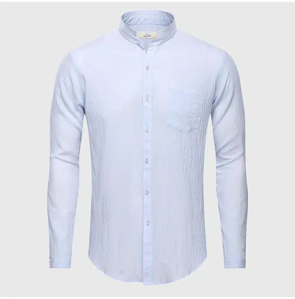 Ultrathin See Through Shirts Men Summer Solid Plain Mandarin Chinese Half Collar Cotton Long Sleeve Society Classic Grandad 21