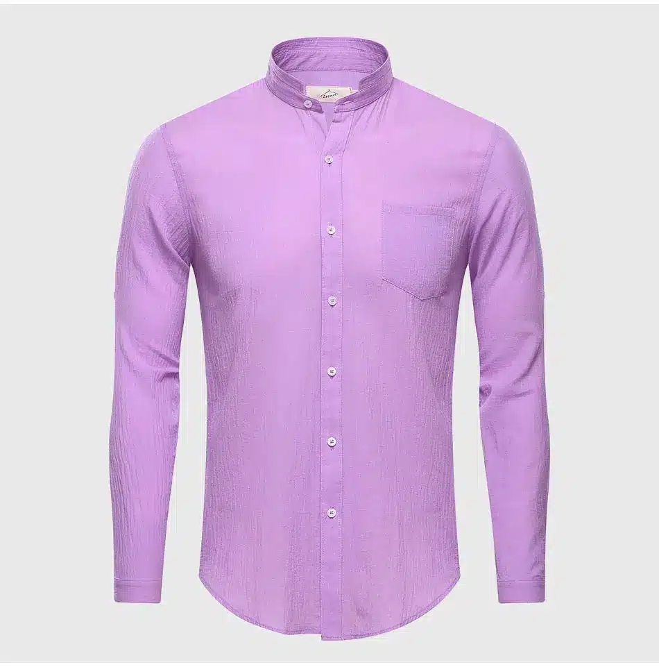 Ultrathin See Through Shirts Men Summer Solid Plain Mandarin Chinese Half Collar Cotton Long Sleeve Society Classic Grandad 25