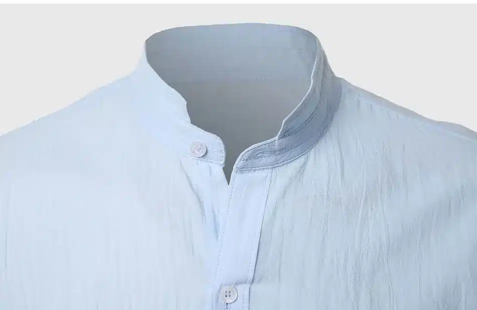 Ultrathin See Through Shirts Men Summer Solid Plain Mandarin Chinese Half Collar Cotton Long Sleeve Society Classic Grandad 28