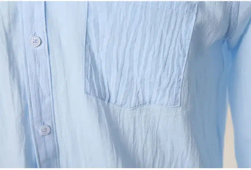 Ultrathin See Through Shirts Men Summer Solid Plain Mandarin Chinese Half Collar Cotton Long Sleeve Society Classic Grandad 30