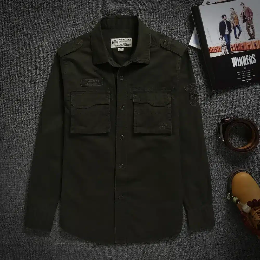 NIANJEEP 2018 Cotton Denim Men Shirts Long Sleeve Military Army Green Casual Shirt Brand Clothing Camisa Masculina A0702 11