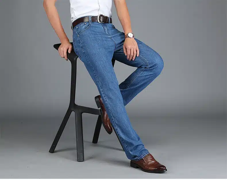 TIGER CASTLE 100% Cotton Summer Men Classic Blue Jeans Straight Long Denim Pants Middle-aged Male Quality Lightweight Jeans 1