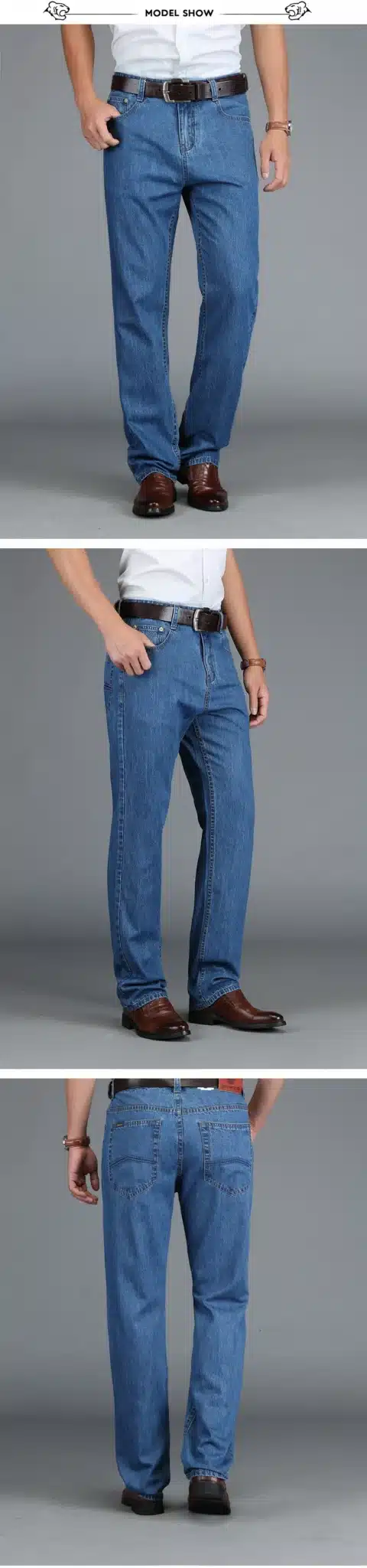 TIGER CASTLE 100% Cotton Summer Men Classic Blue Jeans Straight Long Denim Pants Middle-aged Male Quality Lightweight Jeans 6