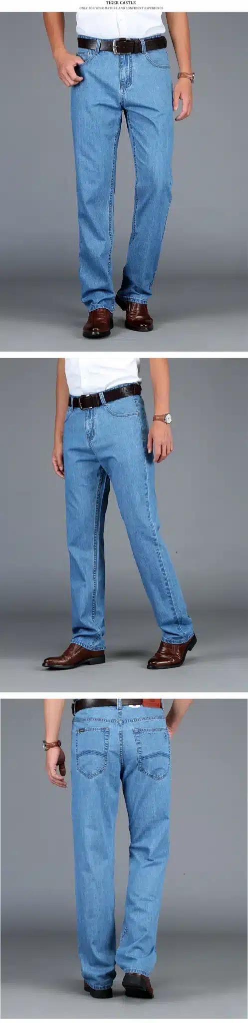 TIGER CASTLE 100% Cotton Summer Men Classic Blue Jeans Straight Long Denim Pants Middle-aged Male Quality Lightweight Jeans 7