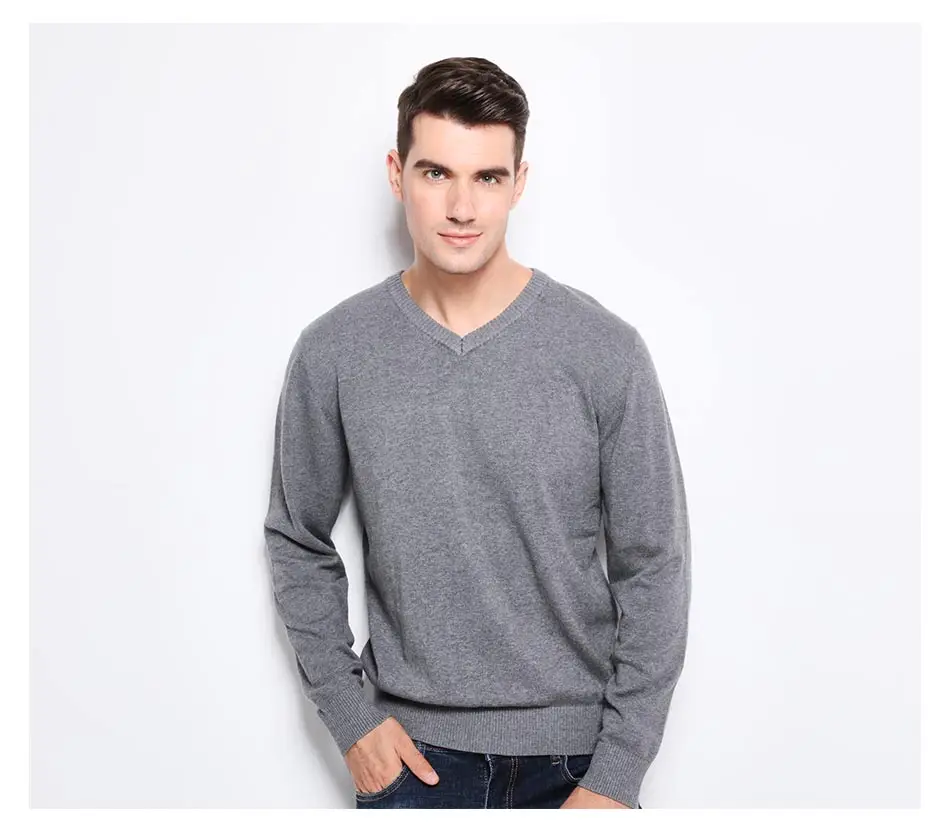 New Autumn Winter Fashion Brand Clothing Men's Sweaters V-Neck Solid Color Slim Fit Men Pullover 100% Cotton Knitted Sweater Men 20