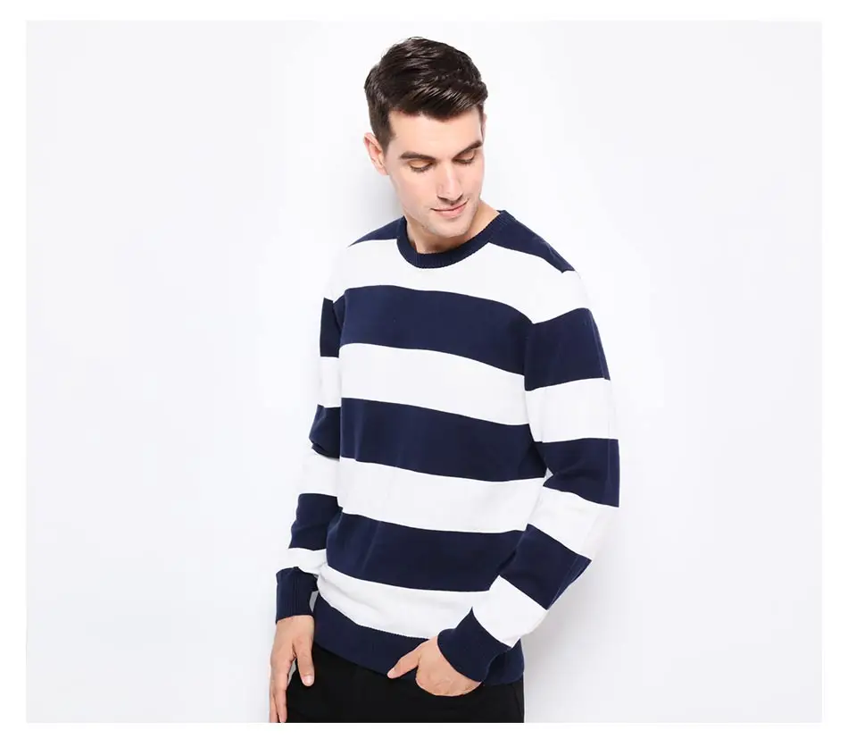 Autumn Winter Fashion Brand Clothing Men Knitted Sweater Thick Stripes Slim Fit Pullover Men 100% Cotton O-Neck Sweaters For Men 18