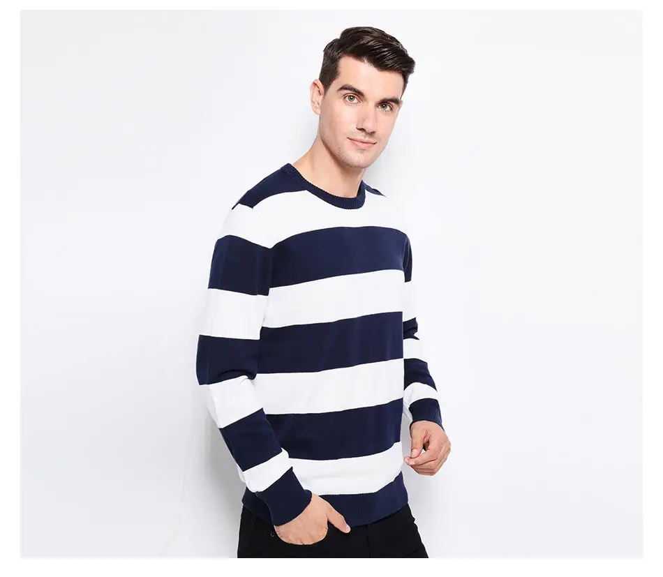 Autumn Winter Fashion Brand Clothing Men Knitted Sweater Thick Stripes Slim Fit Pullover Men 100% Cotton O-Neck Sweaters For Men 19