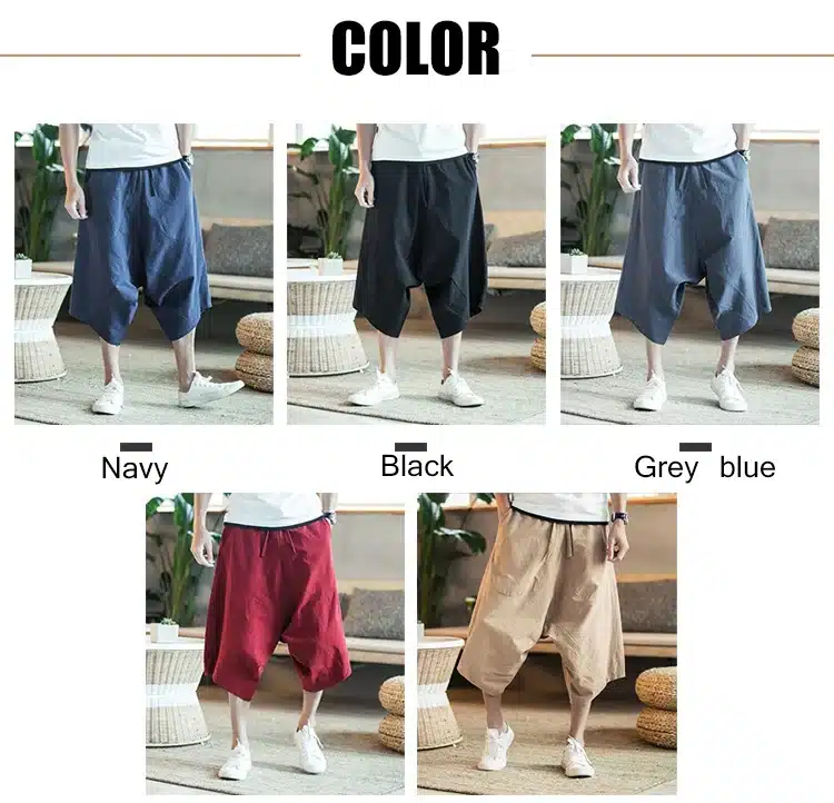 MRDONOO Men's wide crotch harem pants loose summer large cropped trousers wide-legged bloomers Chinese style flaxen baggy 4