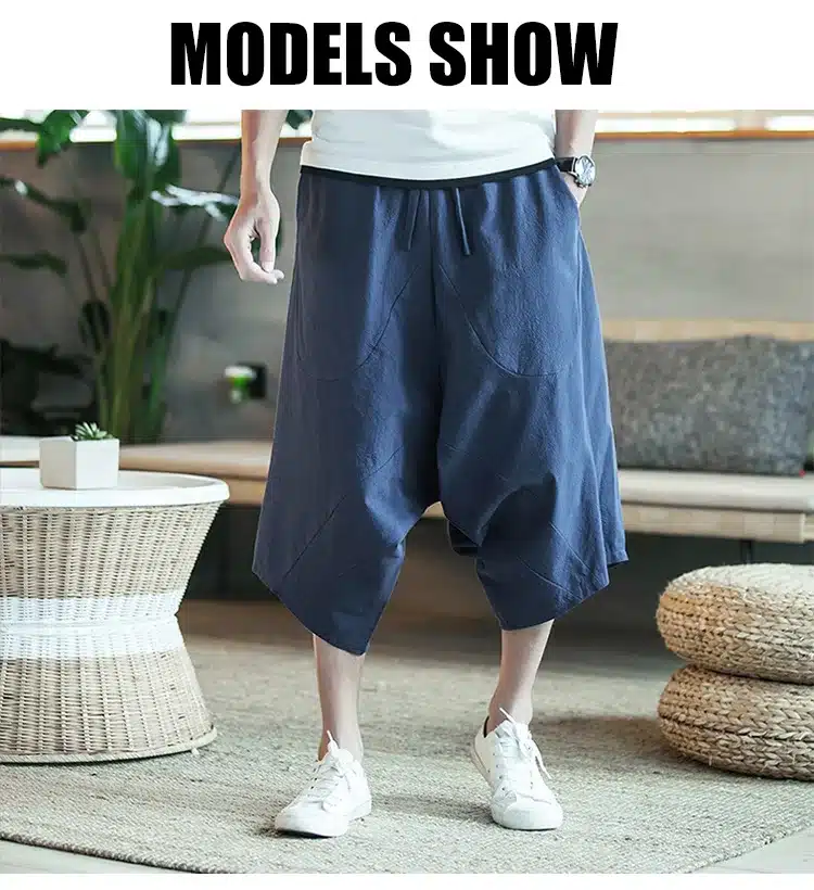 MRDONOO Men's wide crotch harem pants loose summer large cropped trousers wide-legged bloomers Chinese style flaxen baggy 7