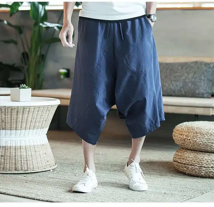 MRDONOO Men's wide crotch harem pants loose summer large cropped trousers wide-legged bloomers Chinese style flaxen baggy 9