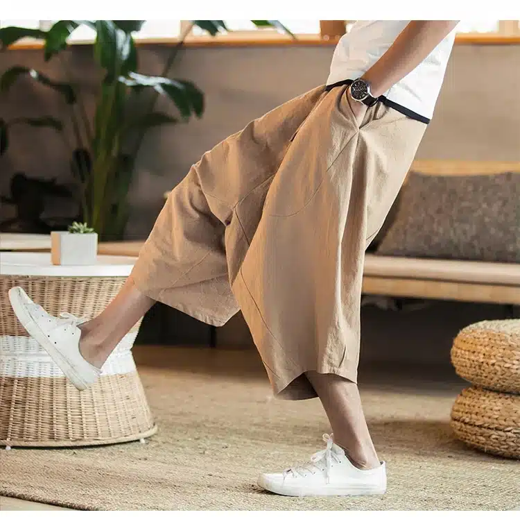 MRDONOO Men's wide crotch harem pants loose summer large cropped trousers wide-legged bloomers Chinese style flaxen baggy 11