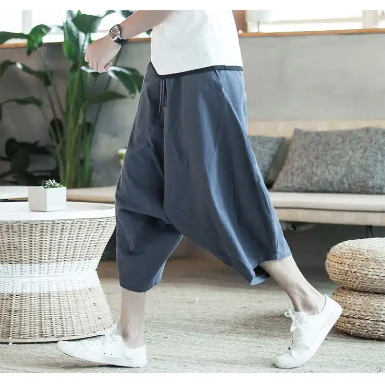 MRDONOO Men's wide crotch harem pants loose summer large cropped trousers wide-legged bloomers Chinese style flaxen baggy 12