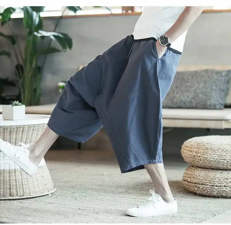 MRDONOO Men's wide crotch harem pants loose summer large cropped trousers wide-legged bloomers Chinese style flaxen baggy 13