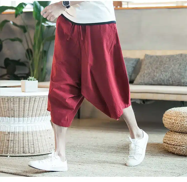 MRDONOO Men's wide crotch harem pants loose summer large cropped trousers wide-legged bloomers Chinese style flaxen baggy 14