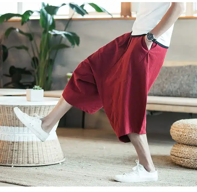 MRDONOO Men's wide crotch harem pants loose summer large cropped trousers wide-legged bloomers Chinese style flaxen baggy 15