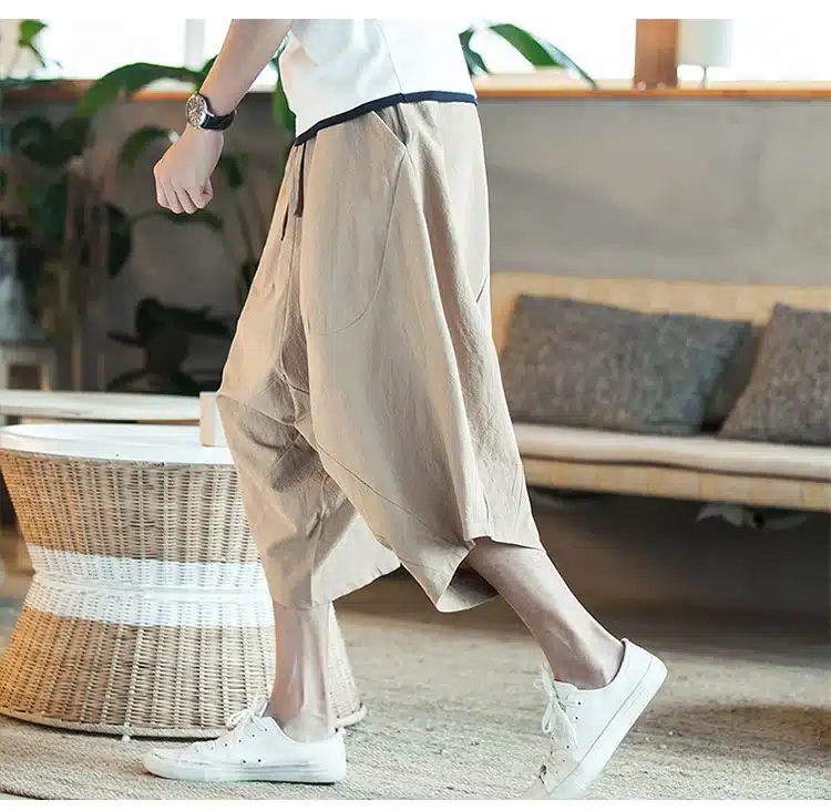 MRDONOO Men's wide crotch harem pants loose summer large cropped trousers wide-legged bloomers Chinese style flaxen baggy 17