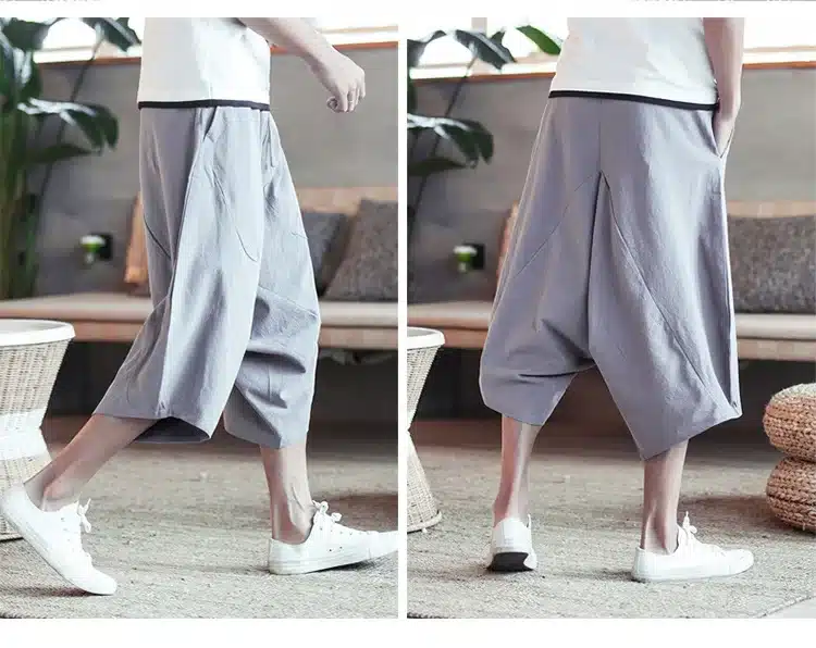 MRDONOO Men's wide crotch harem pants loose summer large cropped trousers wide-legged bloomers Chinese style flaxen baggy 18