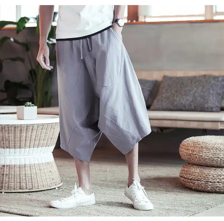 MRDONOO Men's wide crotch harem pants loose summer large cropped trousers wide-legged bloomers Chinese style flaxen baggy 19