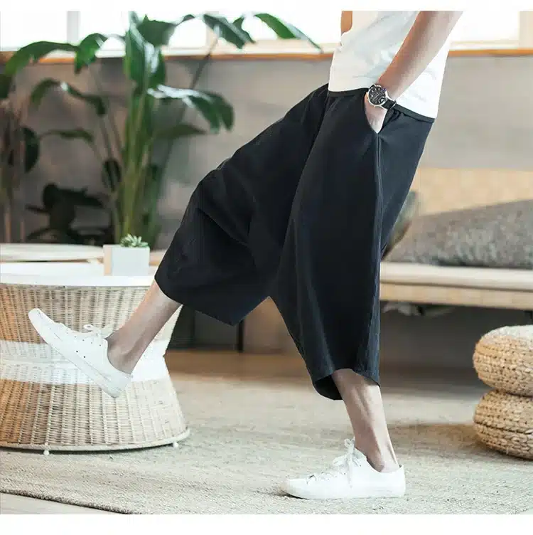 MRDONOO Men's wide crotch harem pants loose summer large cropped trousers wide-legged bloomers Chinese style flaxen baggy 20