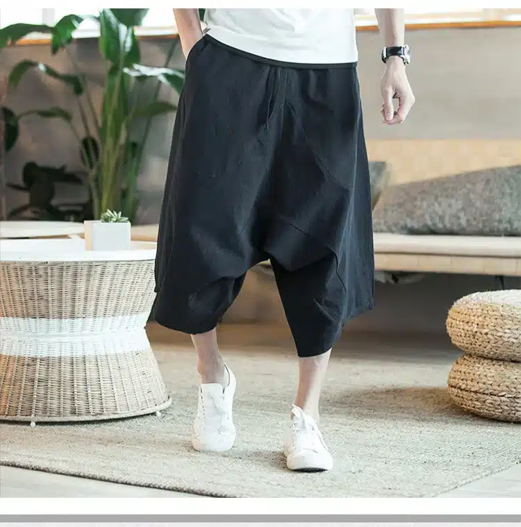MRDONOO Men's wide crotch harem pants loose summer large cropped trousers wide-legged bloomers Chinese style flaxen baggy 21