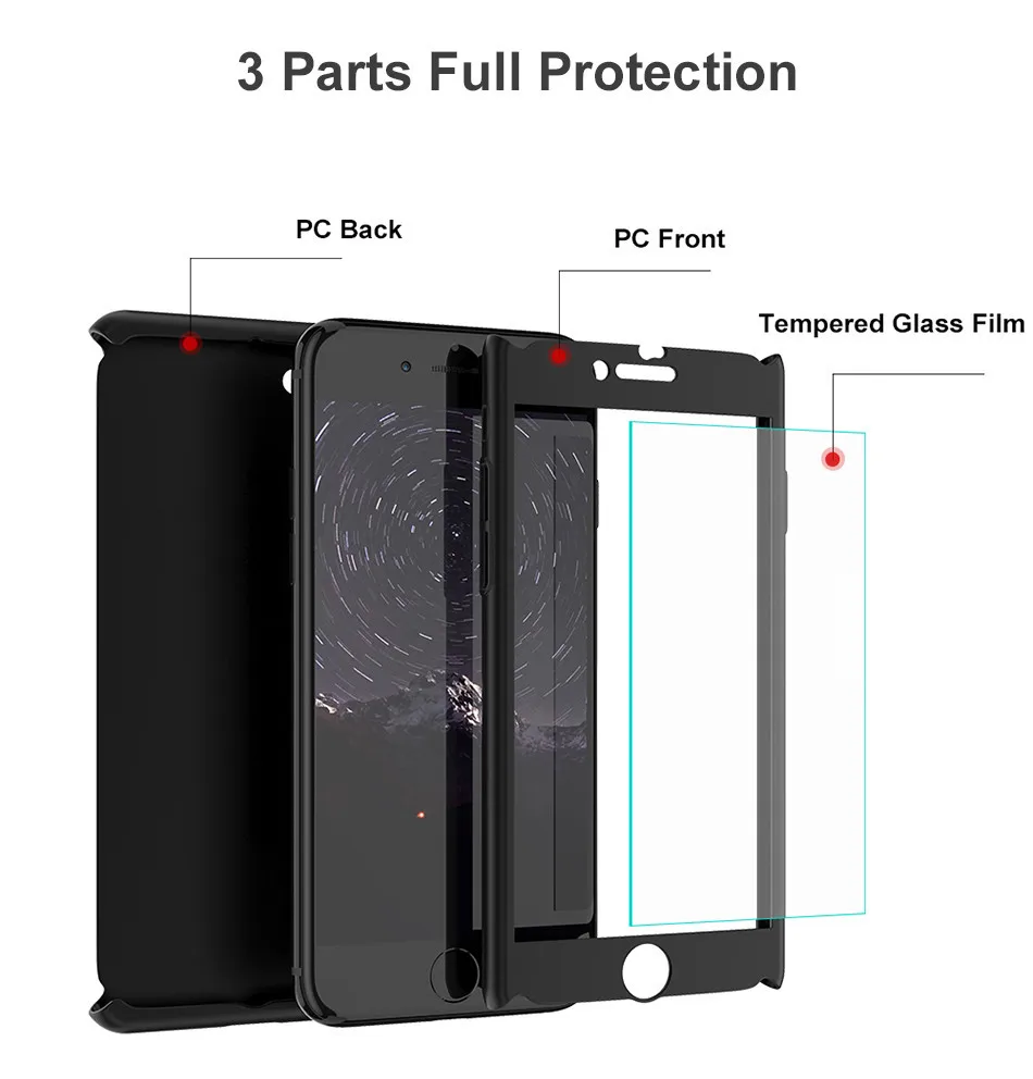 FLOVEME 360 Protective Case For iPhone 6 6S 7 Plus 5 5S SE Tempered Glass Front Back Cover Full Body Coverage Protection Shells 5