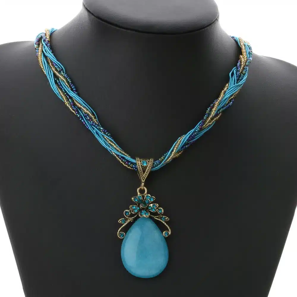 Ethnic Jewelry Bohemian Colorful Women Beads Imitation Water Nature Stone Pendant Necklace With Multilayer Chain Turkish Jewelry 23