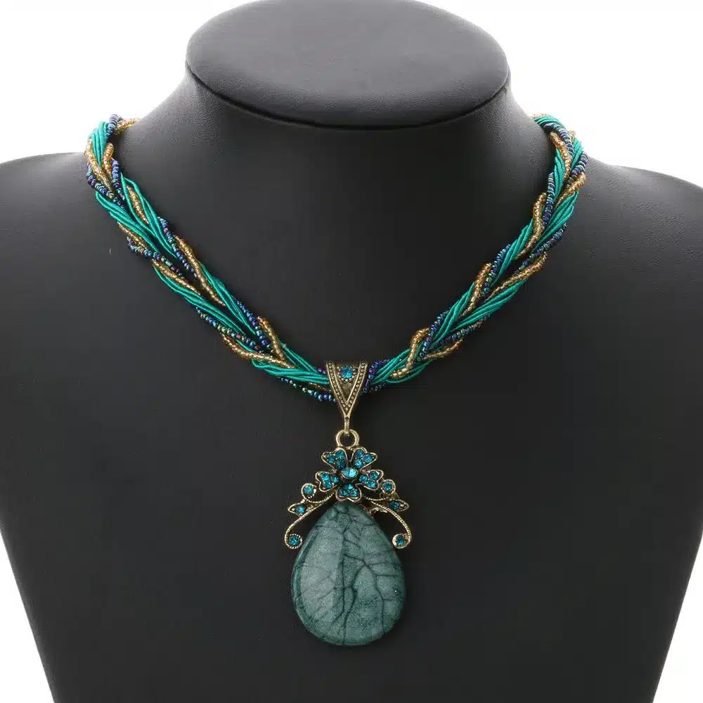Ethnic Jewelry Bohemian Colorful Women Beads Imitation Water Nature Stone Pendant Necklace With Multilayer Chain Turkish Jewelry 26