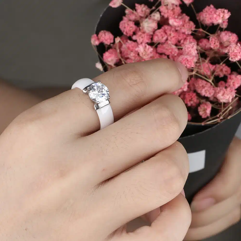 6mm White Black Ceramic Rings Plus Big Cubic Zirconia For Women Stainless Steel Women Wedding Ring Engagement Jewelry Never Fade 9