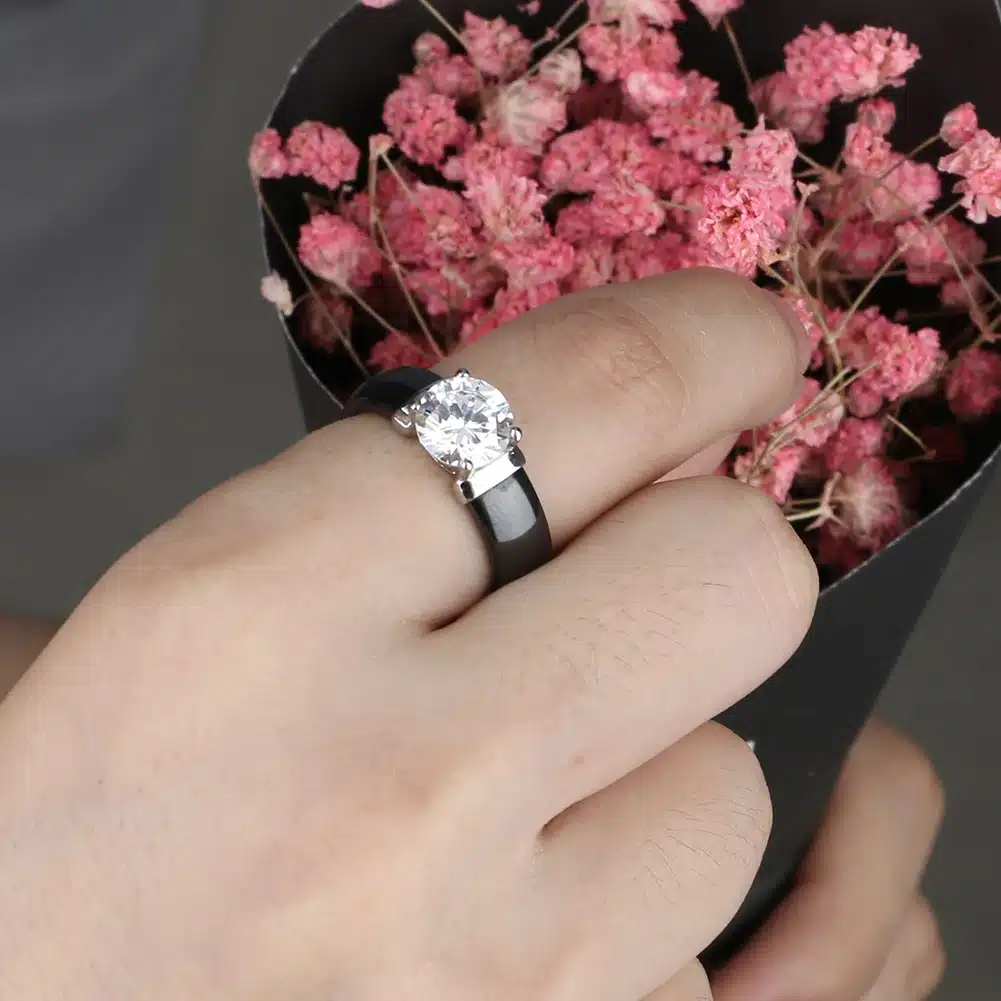 6mm White Black Ceramic Rings Plus Big Cubic Zirconia For Women Stainless Steel Women Wedding Ring Engagement Jewelry Never Fade 10